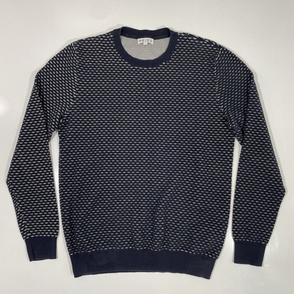 REISS Men’s POKER Jumper Pullover Sweatshirt Blue Geometric Weave Cotton Medium